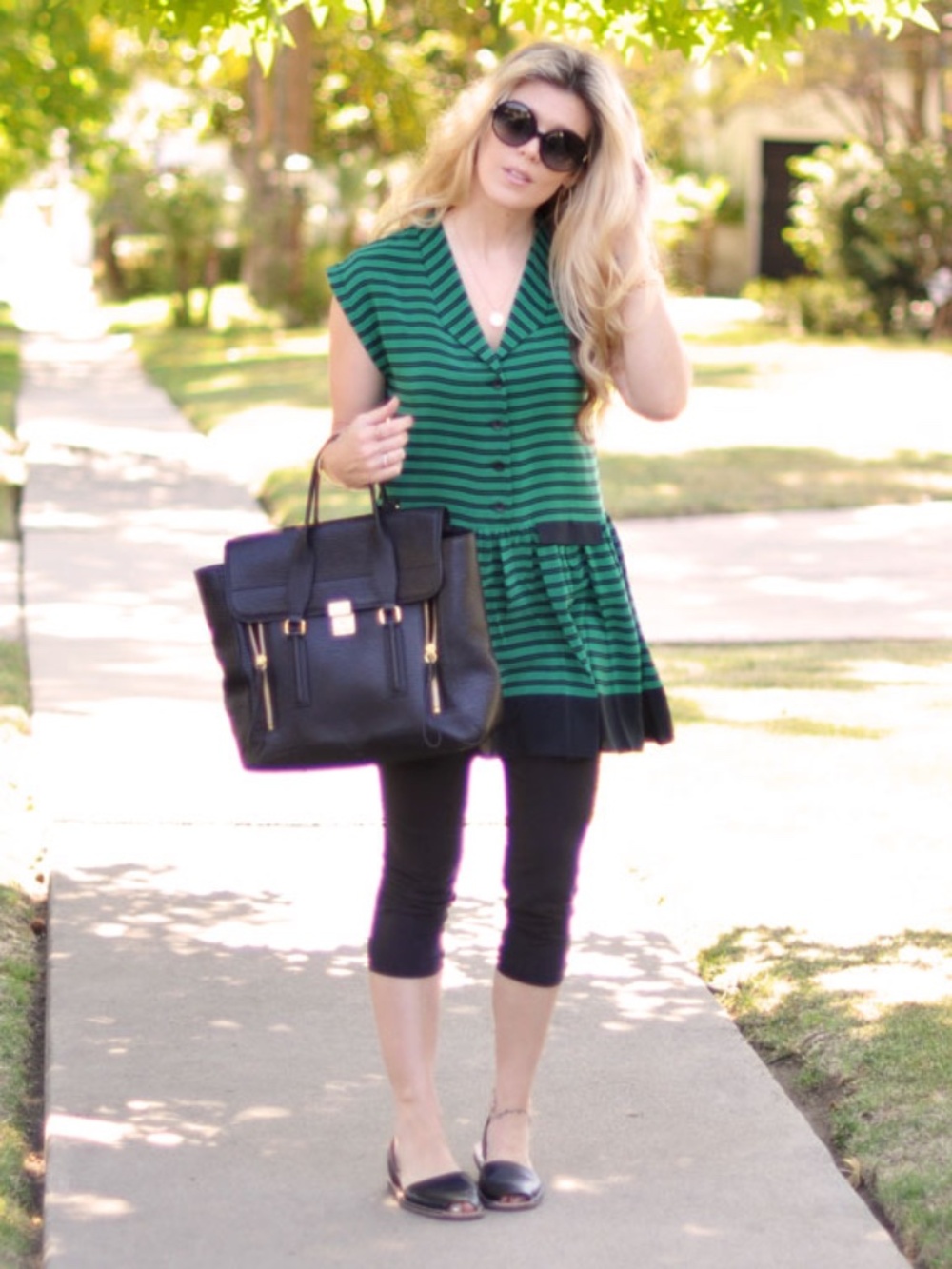 Dolce Vita Silk Shirt Dress green black nautical shape striped drop waist dress